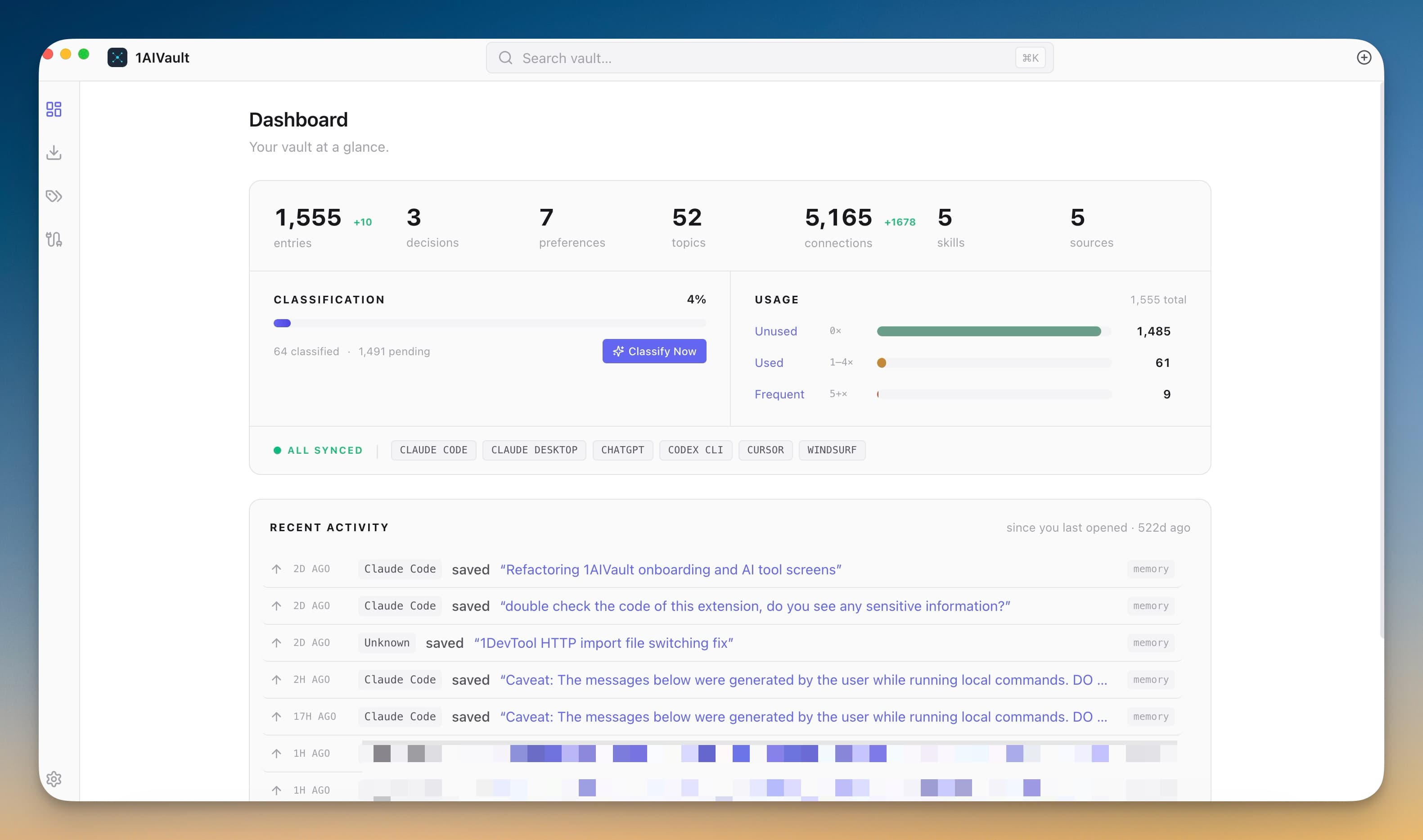 1AIVault Dashboard screen — Your vault at a glance