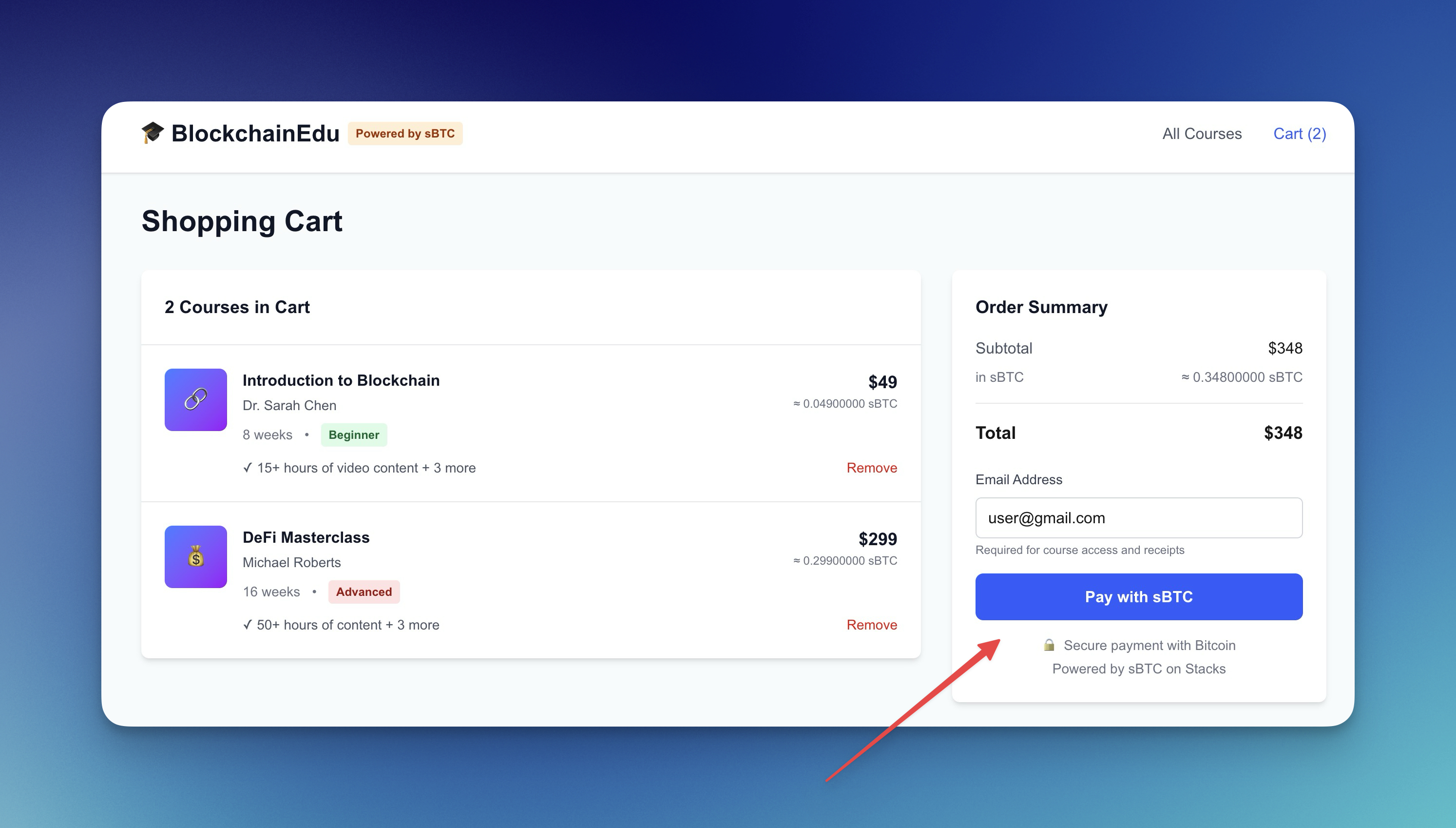 Education Platform Demo - Learn from industry experts and pay with Bitcoin